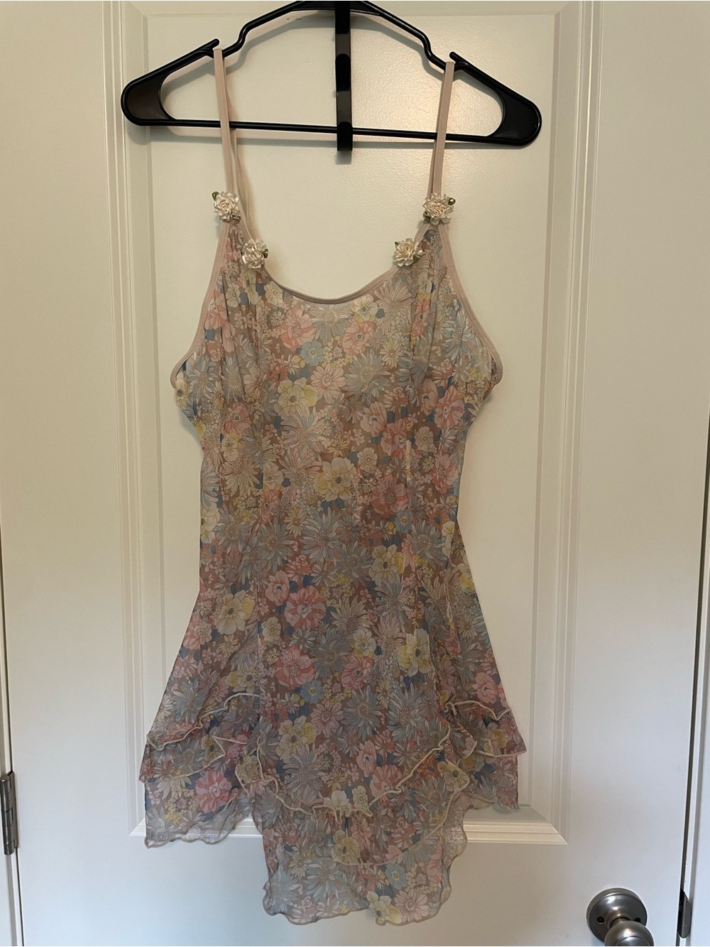 Floral Sheer Slip Chemise with Ruffle Hem - Pink Multi